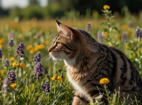 半蹲在花丛中的小肥猫图片